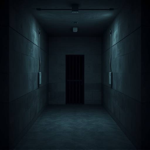 Imagen de una celda de aislamiento con paredes de hormigón lisas y sin ventanas. La celda es oscura y sombría.