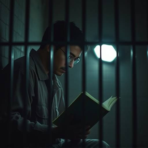 Un recluso lee en su celda, concentrado en un libro.